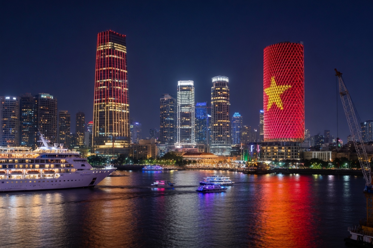 Ho Chi Minh City skyline at dusk with illuminated skyscrapers along the Saigon River